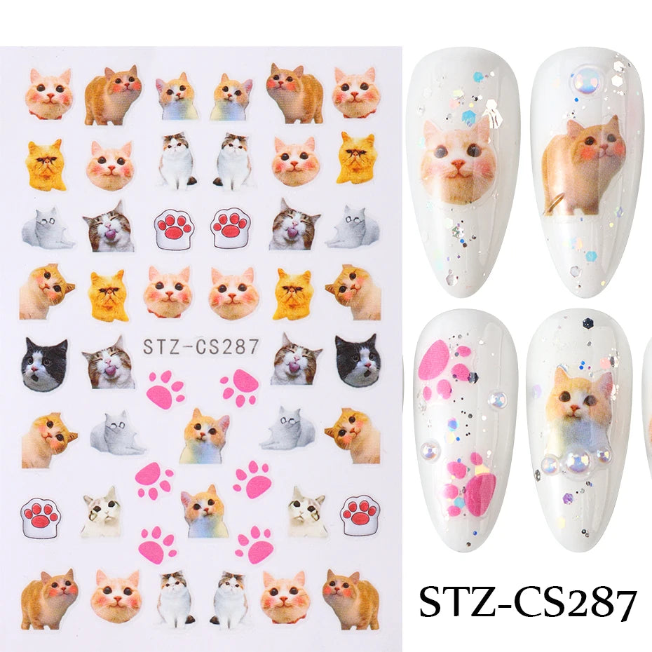 Lovely Dog Cat Animal Bunny 3D Korean Cartoon Scrawl Relief Self Adhesive Nail Art Stickers Cute Pretty Puppy Kitty Star Manicur