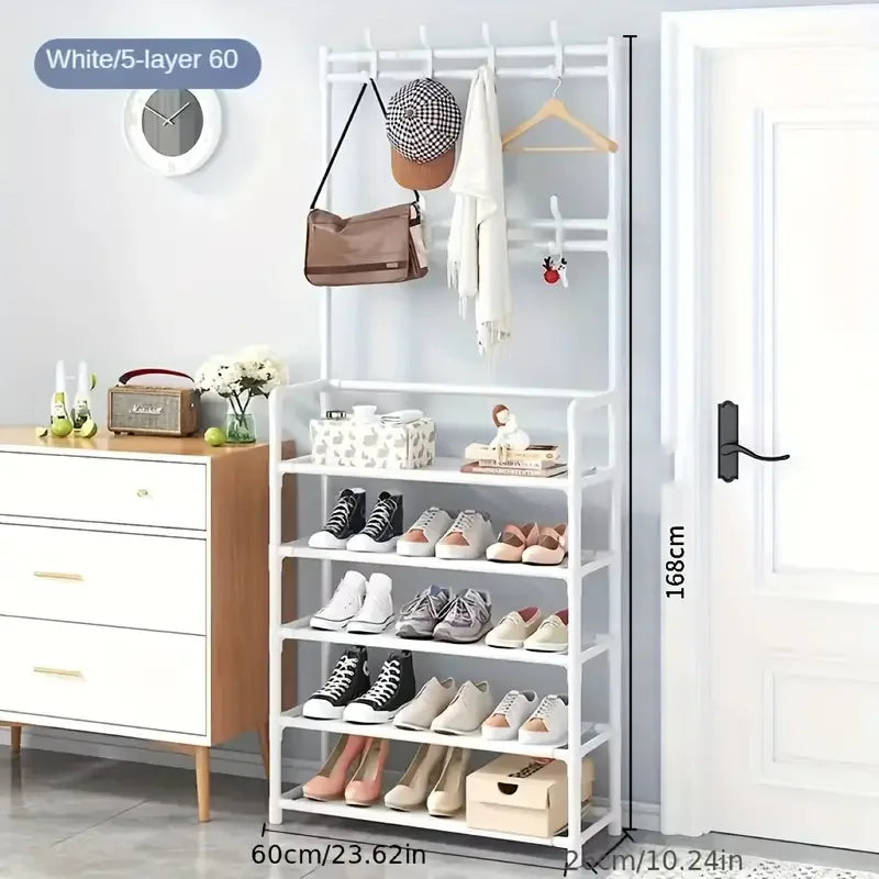 A clothes hanger and shoe rack at the entrance, used for storing shoes, clothes, jackets, hats, bags, umbrellas in the hallway
