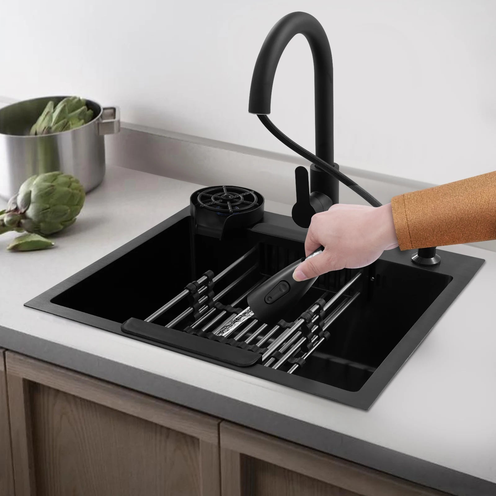 Kitchen Sink w/ Pull-Out Faucet & Drain Basket,  50*45cm Black Stainless Steel Single Bowl Sink Kit