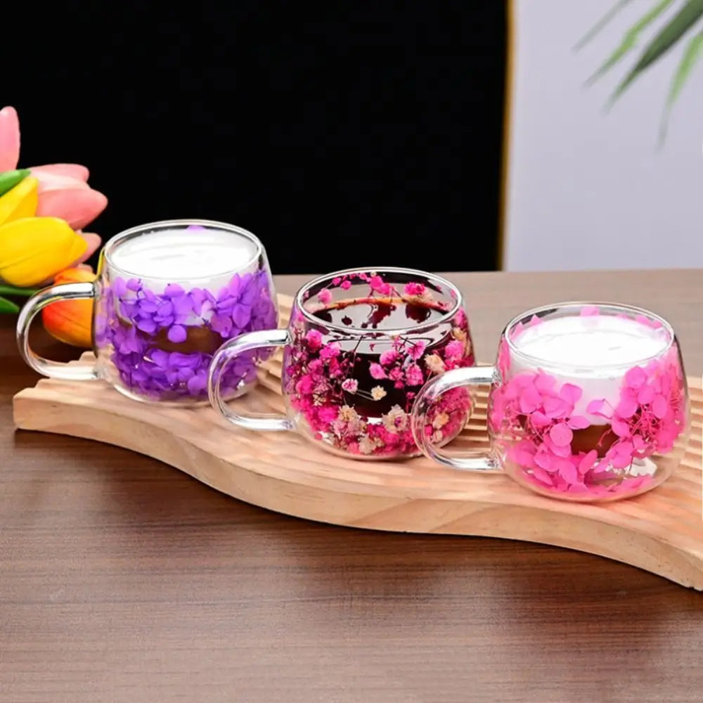 Juice Coffee Tea Cup Dried Flower Glass Cup Milk Mug with Handle Double Wall Mug Heat Resistant 150ML Clear Glass Cup Household