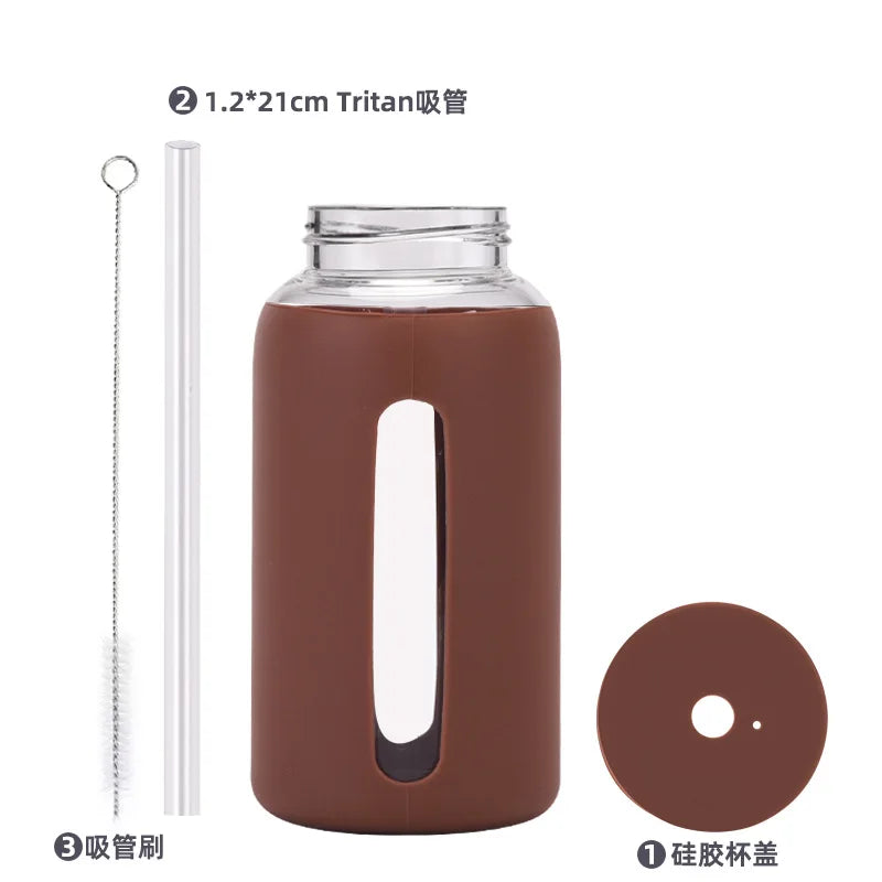 600ml Large Capacity Single-layer Glass Water Bottle with Silicone Sleeve,Time Scale And Straw,Drinkware,Portable Outdoor Cup