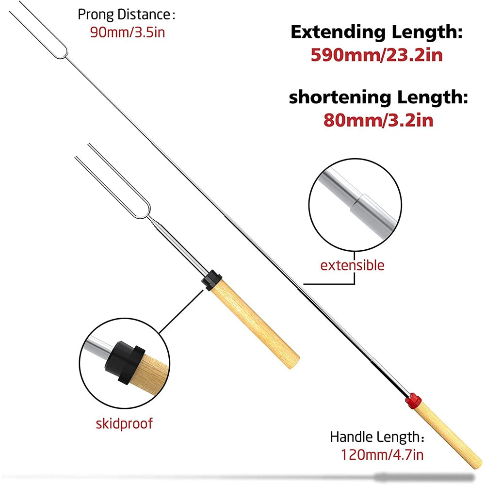 LMETJMA 8 pcs Barbecue Skewers Extendable Marshmallow Roasting Sticks Stainless Steel BBQ Telescoping Smores Skewers KC0467