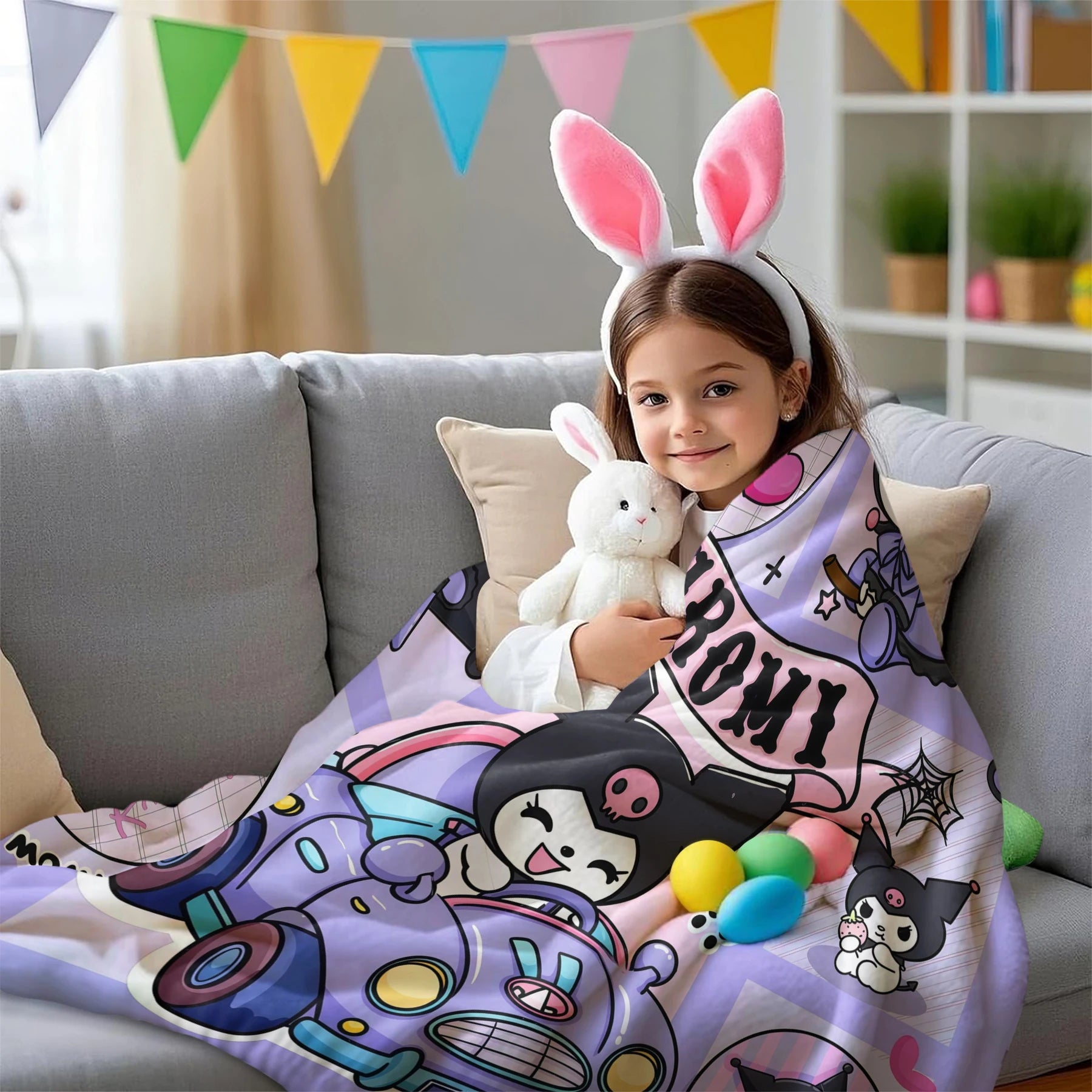 Kuromi Purple Cartoon Car Blanket Cute Comic Strip Pattern Flannel Plush Throw for Home Decor Portable Travel Camping Blanket
