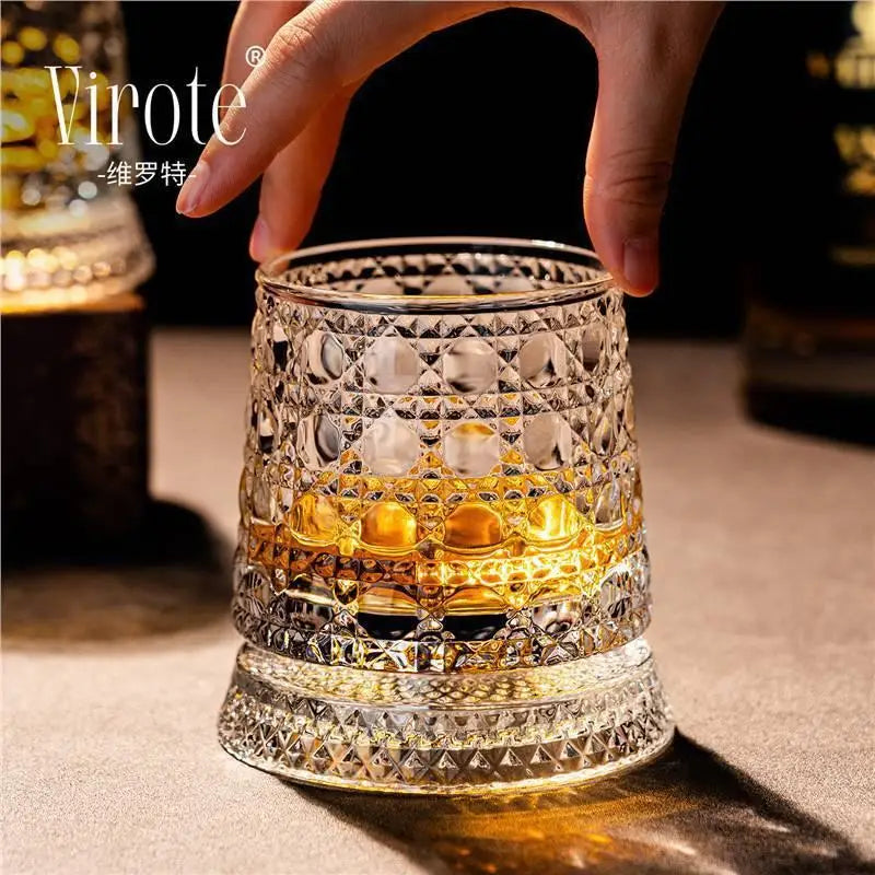 360 Rotate Degrees Crystal Rum Glass For Cocktail Party Drinking 2026 New Whiskey Glasses Rotating Whisky Glass With Glass Base