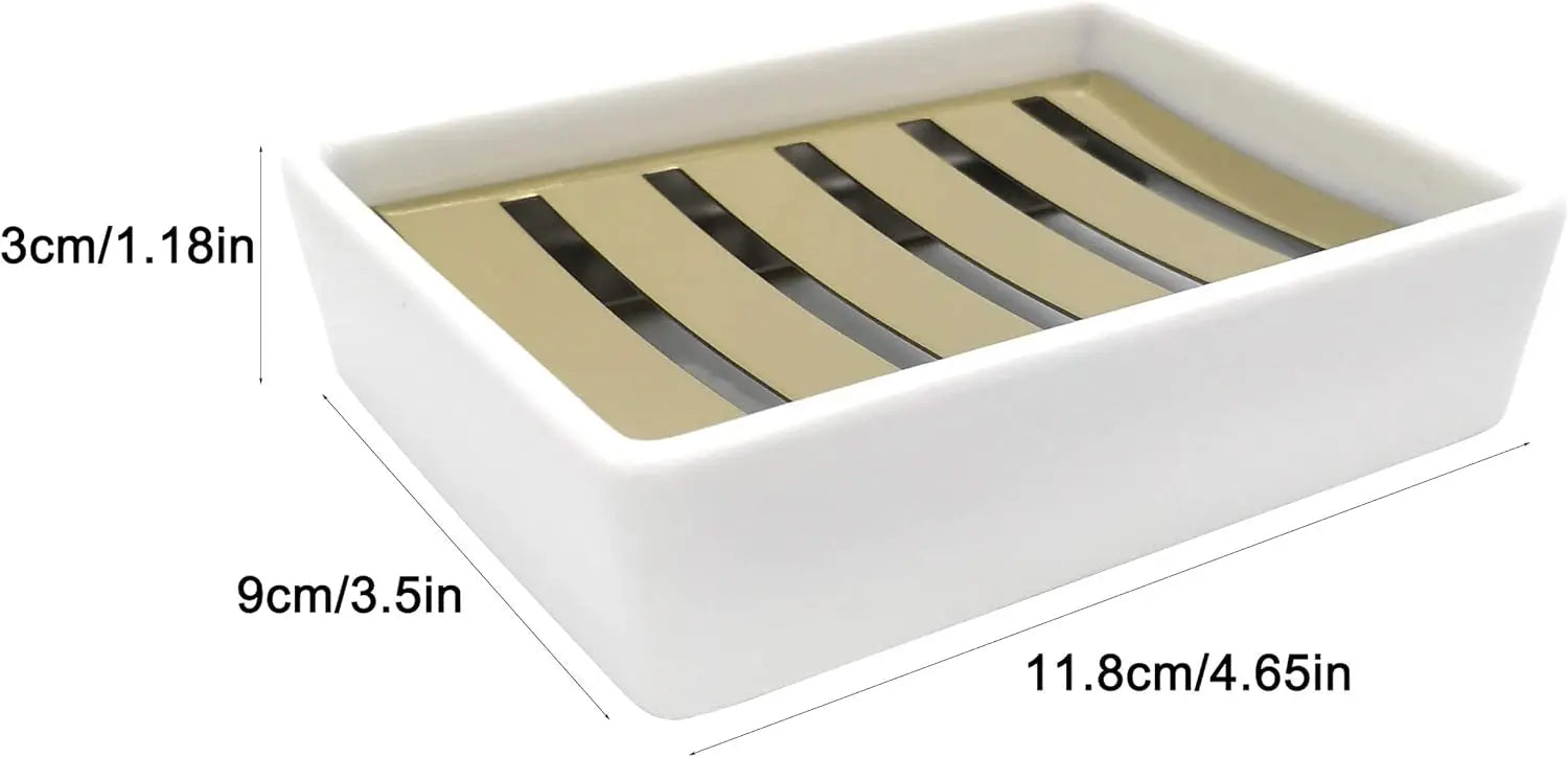 Double Layer Ceramic Soap Dish with Stainless Steel Holder for Shower and Bathroom Drainage