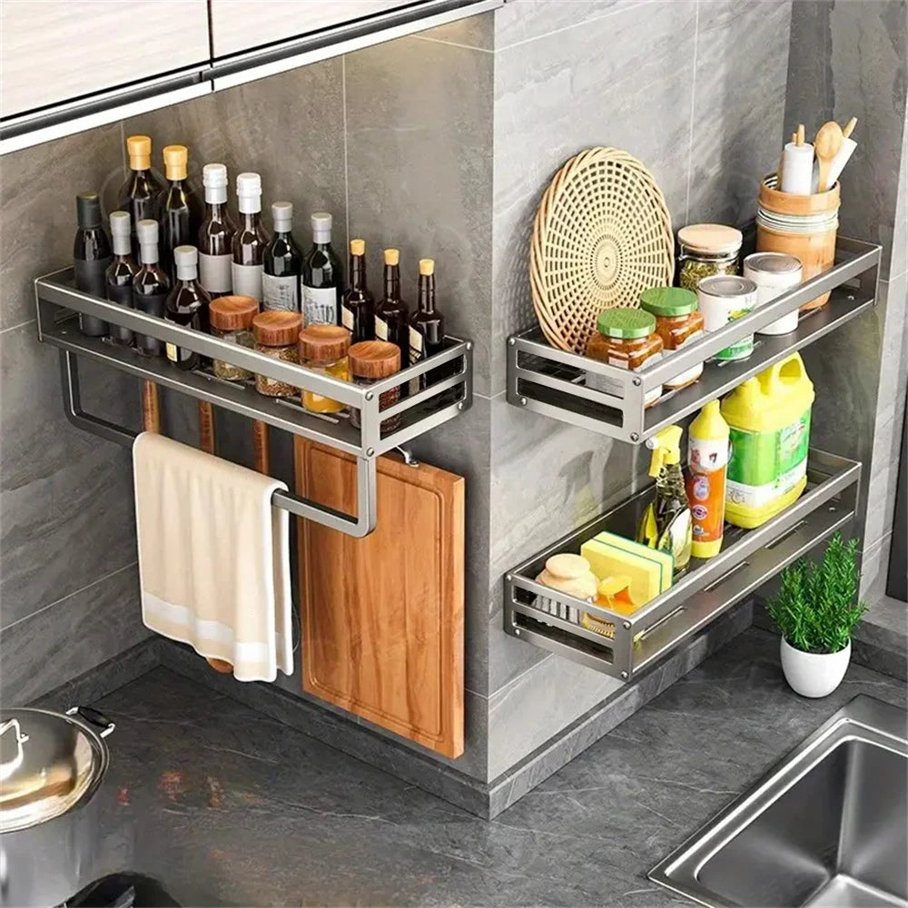 1 Piece Wall-Mounted Kitchen Seasoning Storage Rack Rag Towel Hook Multifunctional Storage Rack Wall-Mounted