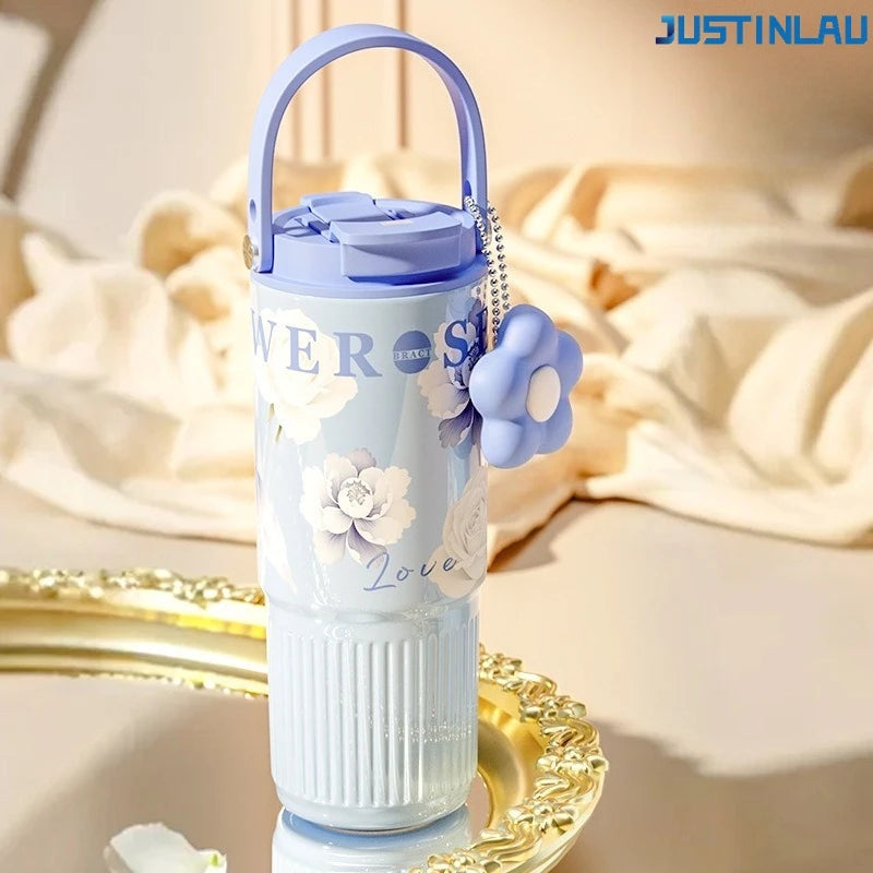 JUSTINLAU High Appearance Portable Straw Cup for Girls, Large Capacity Stainless Steel Insulated Cup Ice King Handheld Water Cup