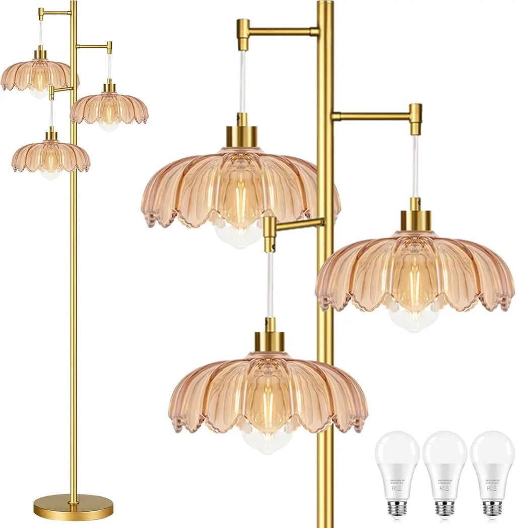 Gold Modern Floor Lamp with Tree Design, 3 Lights for Living Room Bedroom Vintage Farmhouse Style