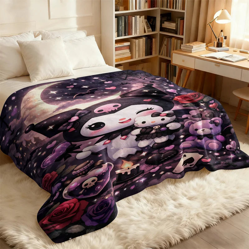 Sanrio Kuromi x Hello Kitty Flannel Blanket Kawaii Gothic Moon Print Soft Cozy Throw for Aesthetic Room Decor Gift