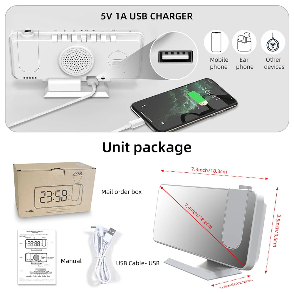 Digital Projection Alarm Clock Large LED Display 180° Rotatable Projector & Dimmer 12/24H DST With Time Temperature for Home Bed