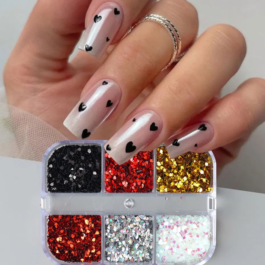 6 Grids Y2K Cute Heart Glitter Nail Sequins Kawaii Mini Golden Laser Silvery Love Nail Flake Korean Star DIY Nail Charm Supplies