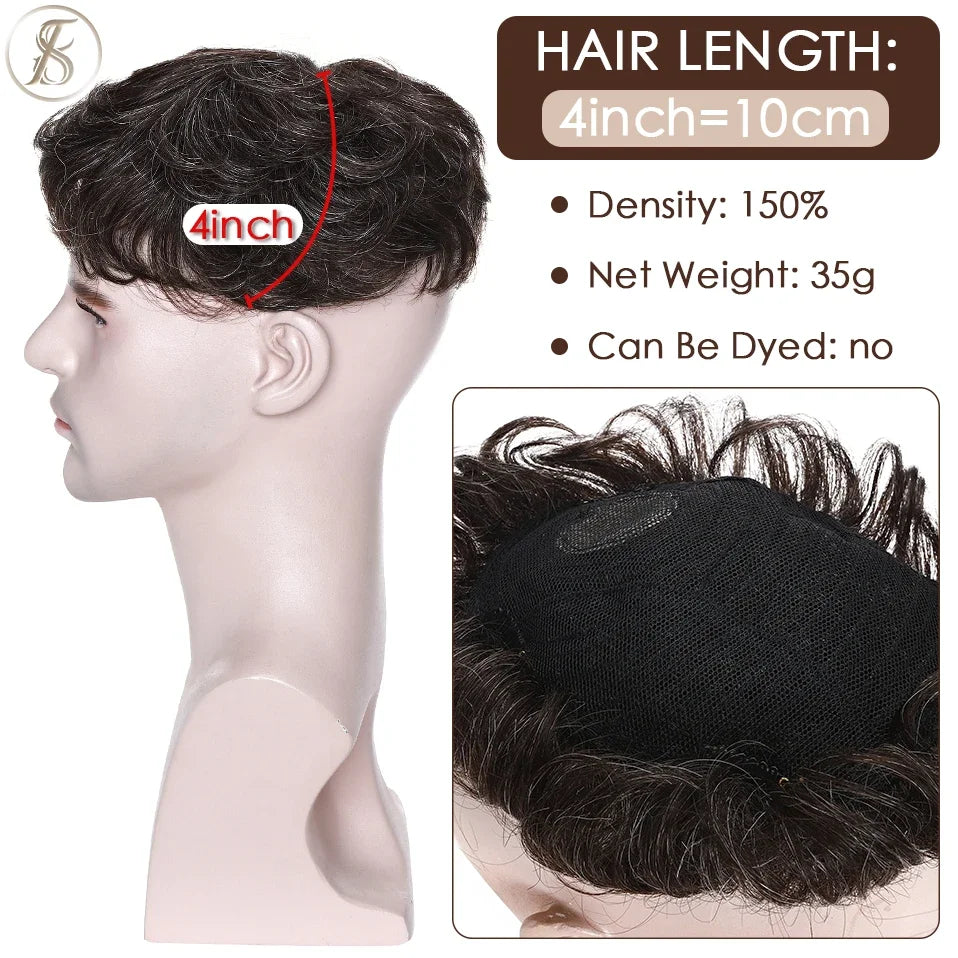 TESS Mens Hair Replacement System 35g Men Toupee 16x19cm Human Hair Wig Men Capillary Prothesis Male Clip In Hair Extensions