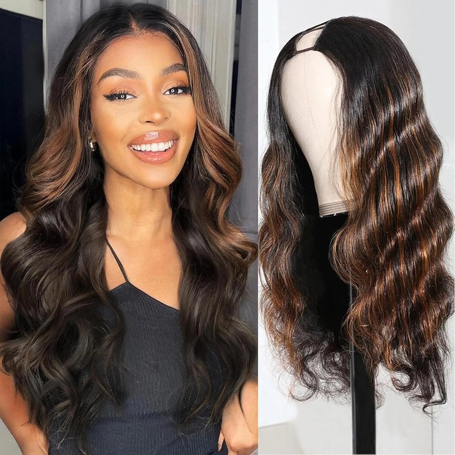 V Part Wig Human Hair Body Wave #1B/30 Color Highlight Loose Body Wave V Shape Clip in Half Wigs No Leave Out No Sew In 30 Inch