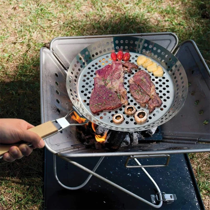 Round Hollowed-out Wooden Handle Barbecue Plate Outdoor Vegetable Barbecue Plate Outdoor Portable BBQ Grill Pan