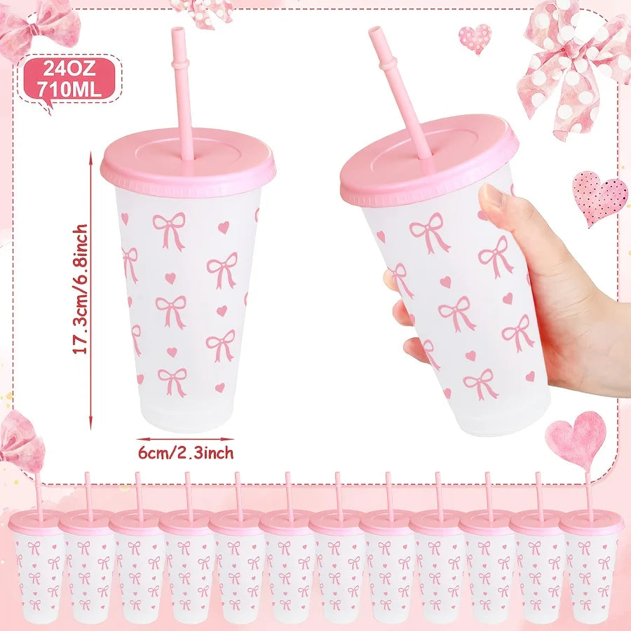 1/2/5pcs Kawaii Bow Reusable Party Cups with Straw & Lid Coffee Juice Tea Cute Tumbler With Straw Plastic Cups Summer Gifts