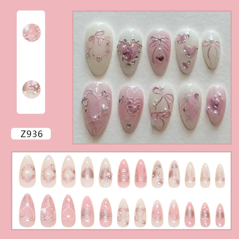 10pcs Sweet False Nail Patches Detachable Fake Nail Tips With Bowknots Love Heart Pearl Design Pink Almond Korean Press On Nail