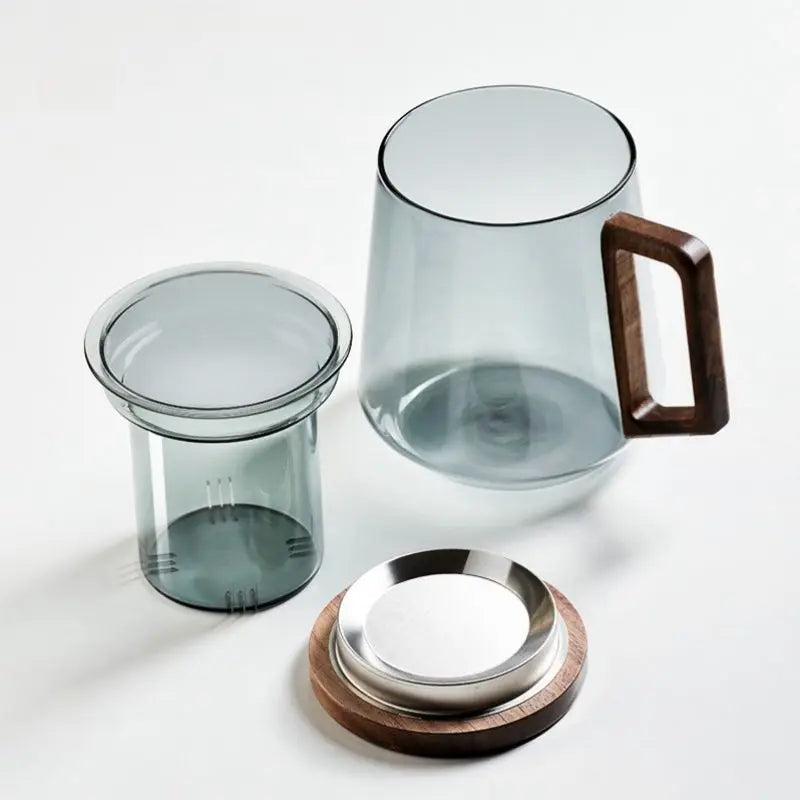 Clear Teacup with Filter, Heat-Resistant Glass Boiling Tea Cup, Office Mugs, Drinkware with Infuser, Teaware, Wood Handle