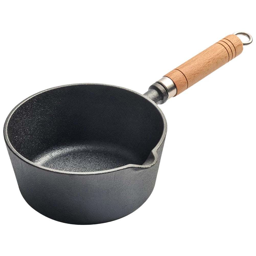 Non-Stick Cooking Saucepan with Pour Spout Cast Iron Hot Oil Pan Wooden Handle Butter Warmer for Pouring Oil Milk Heating Frying