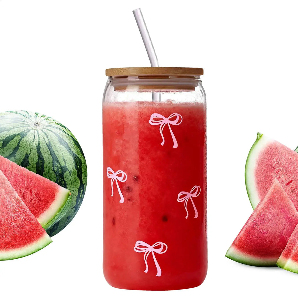 Transparent Glass Tumbler Pink Bow Flower Sticker Drink Juice Cup Suitable For Hot And Cold Drinks Bow Tie Straw Cup