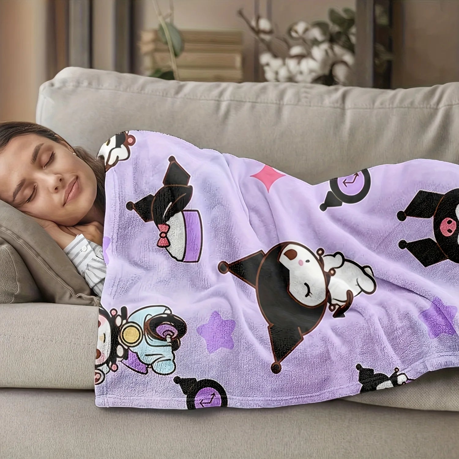 1pc Sanrio Kuromi Flannel Blanket 2D Print All Season Warm Soft Throw for Bedroom Living Room Camping Travel Home Decor Holiday