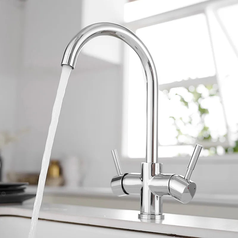 Chrome Dual Handle Filtered Crane For Kitchen, 360 Rotation Water Filter Tap Three Ways Sink Mixer Kitchen Faucet