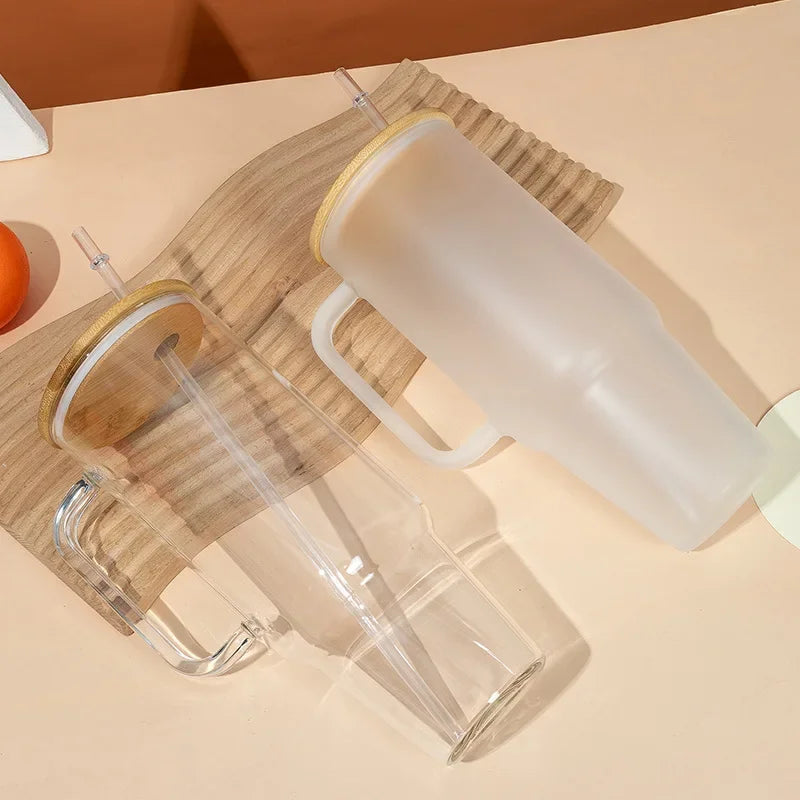 40OZ Glass Cup with Handle and Straw Lid Coffee Cup Reusable Transparent Bubble Tea Cup Juice Glass Beer Can Milk Mocha Cups