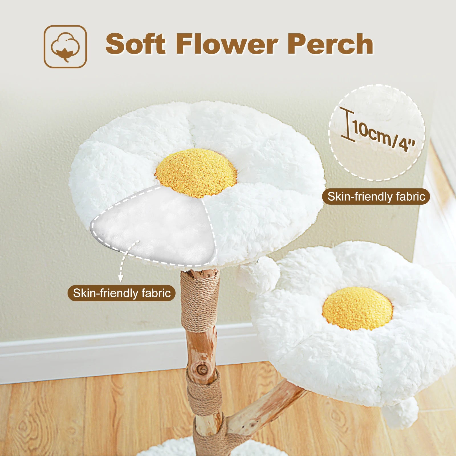 Modern Cat Tree Tower with Natural Solid Wood Scratching Posts Spacious Wicker Basket Luxury Cat Condo Bed for Indoor Cat Toys