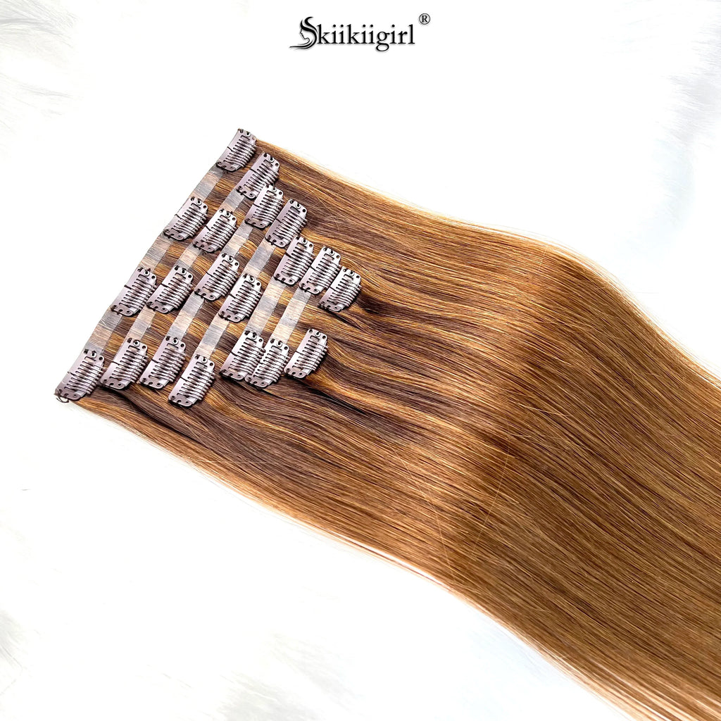 kiikiigirl PU Clip In Hair Extensions Human Hair 100% Remy Hair Seamless Weft Clip Ins For Women