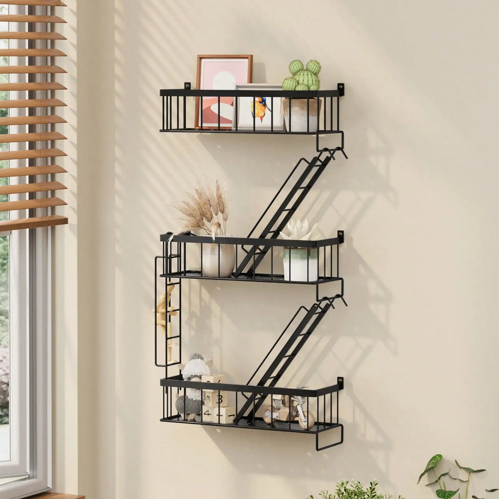 3-Tier New York Style Ladder Shelf Black Metal Floating Shelf for Bedroom Office Storage