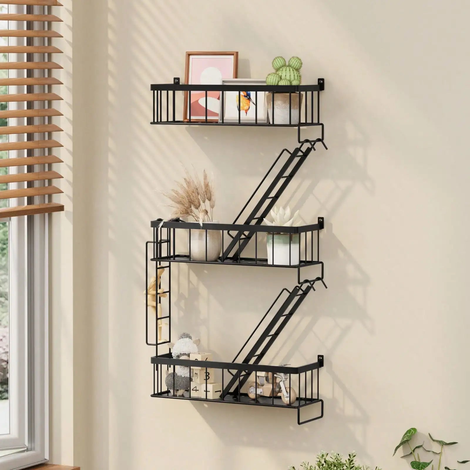3-Tier New York Style Ladder Shelf Black Metal Floating Shelf for Bedroom Office Storage