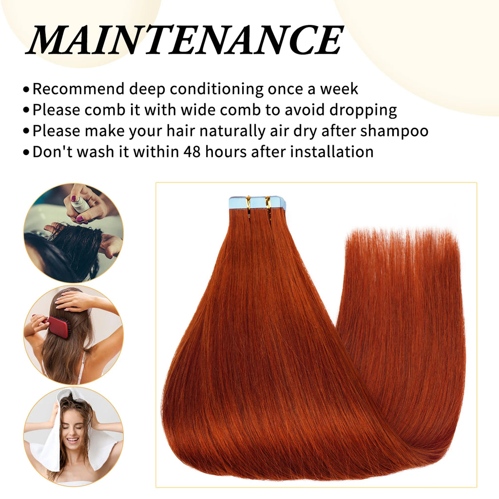 Doreen Copper Red Tape In Human Hair Extensions 16 to 24 Inch 50g/set PU Seamless Skin Weft 350# Colored Hair Extensions Tape in