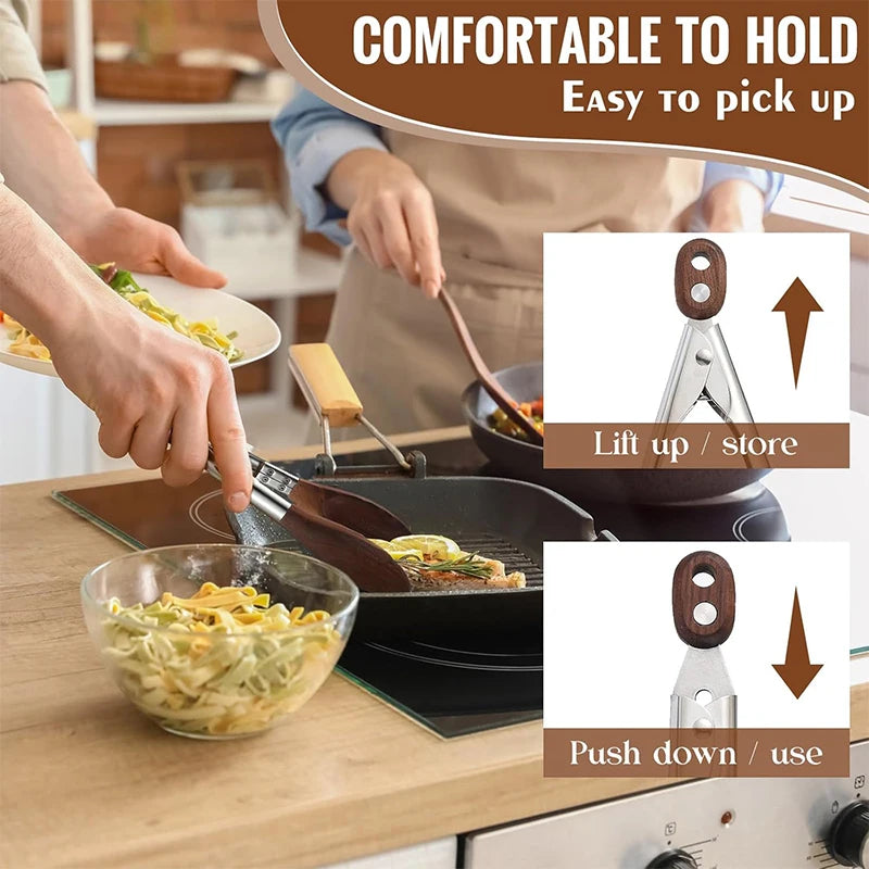 LMETJMA Wooden Kitchen Cooking Tongs Stainless Steel Kitchen Tongs with Wooden Tips Long Handle Food Salad Tongs For BBQ Cooking