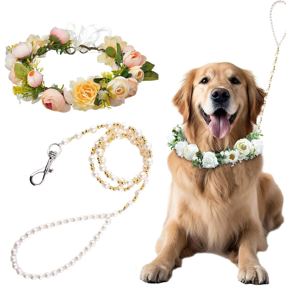 Dog Flower Collar and Leash Set for Dogs 120 cm Pearls Beaded Dog Leash Dog Collars for Wedding Attire Wreath Pet Photo Prop