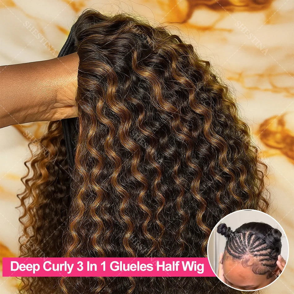 1B/30 Highlight Half Wig Human Hair Deep Wave 3 In 1 Half Wigs With Drawstring Burmese Water Curly Invisible Half Wig Human Hair