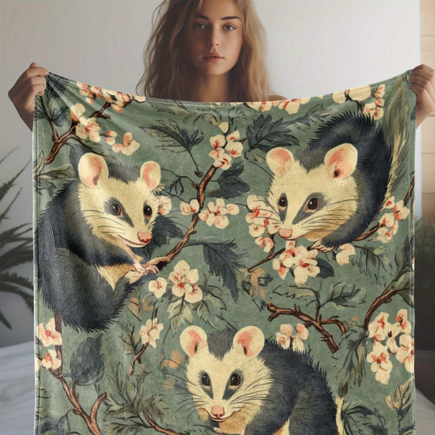Vintage Floral and Opossum Print Flannel Throw Blanket - Digital Print Soft Cozy Warm Polyester Knit for Couch, Bed, Sofa, Offic