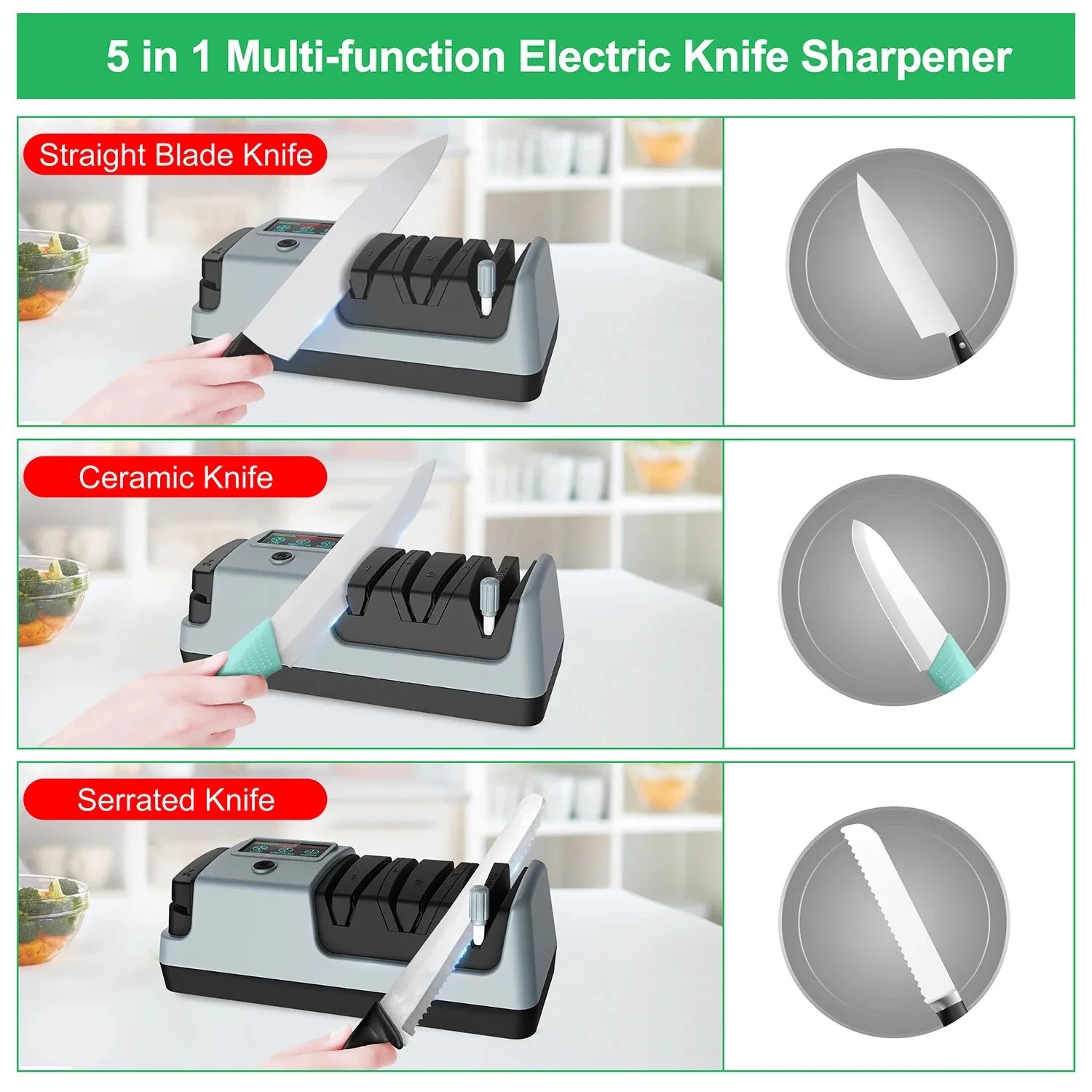 5 in 1 Electric Knife Sharpener-3 Rotational Speed Adjustable Electric Knife Sharpeners for Kitchen Knives With Digital Display