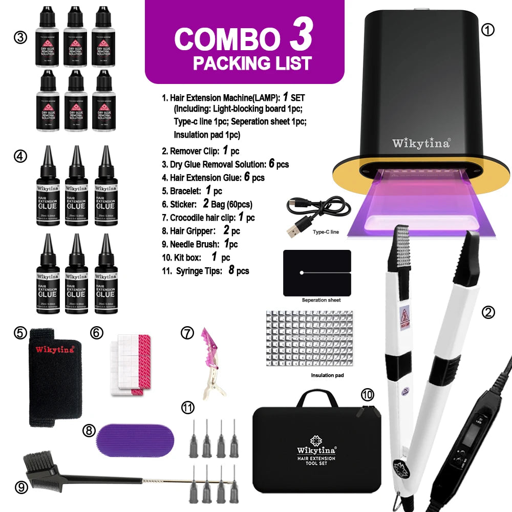 COMBO UV V Light Hair Extension Set Wikytina Tools Kit, UV Glue Long-Lasting Remover Machine - Salon Styling Tools invisibility