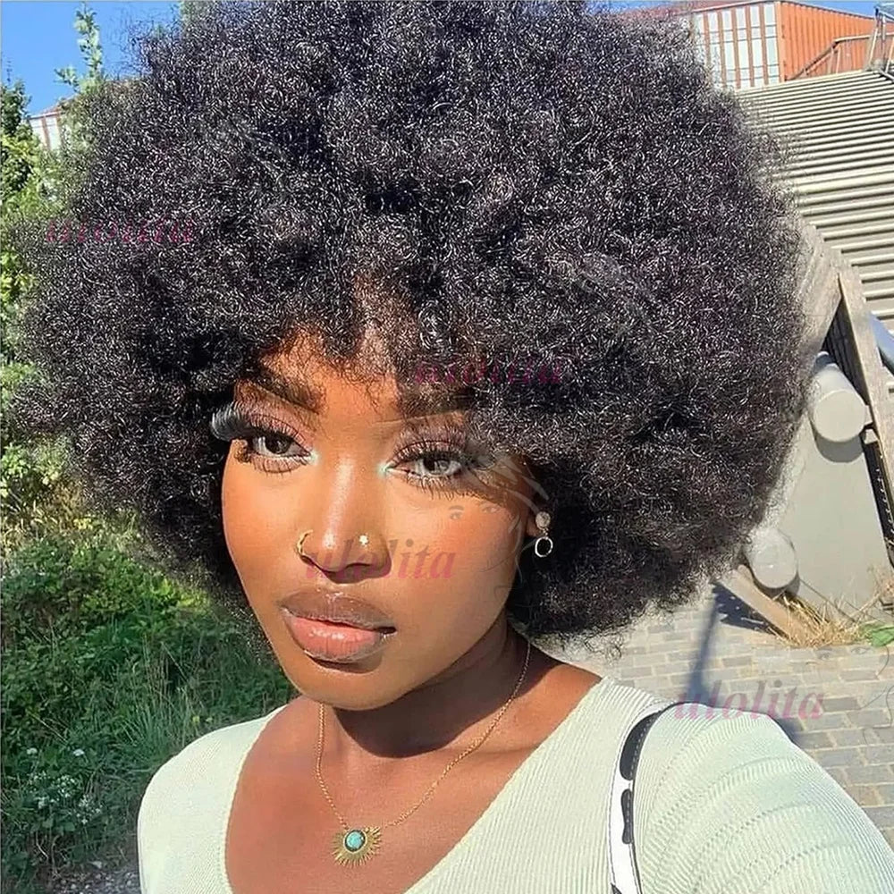 Afro Kinky Curly Short Human Hair Wigs With Thick Bangs Fluffy Natural Bob Wig Glueless Brazilian Full Machine Made Wigs On Sale