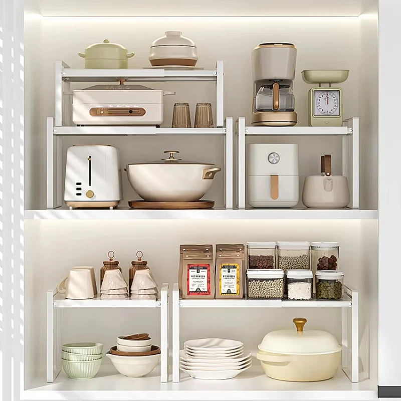 Expandable Cabinet Layer Rack Kitchen Storage Shelf Divider Countertop Storage Basket Dish Draining Solution Organizer