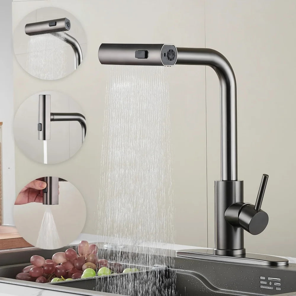 STARON Kitchen Faucets Gray Pull Out Rotation Waterfall Stream Sprayer Head Sink Mixer Brushed Nickle Water Tap Accessorie