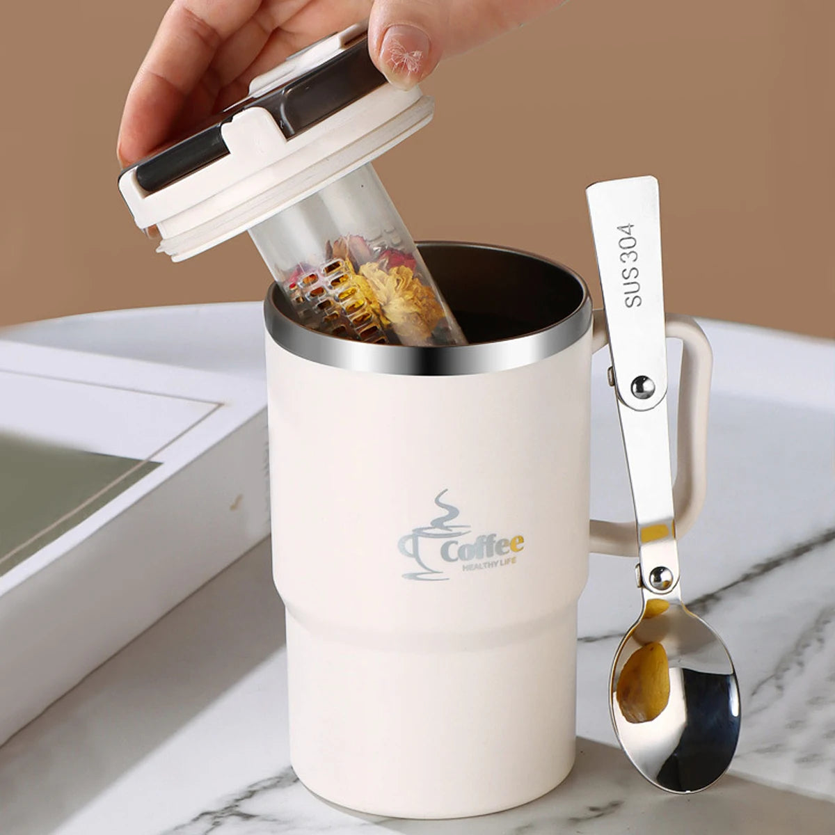 450/500ml Double Wall Insulated Mug 304 Stainless Steel Coffee Cup With Strainer&Spoon Student Portable Drinking Cup Drinkware