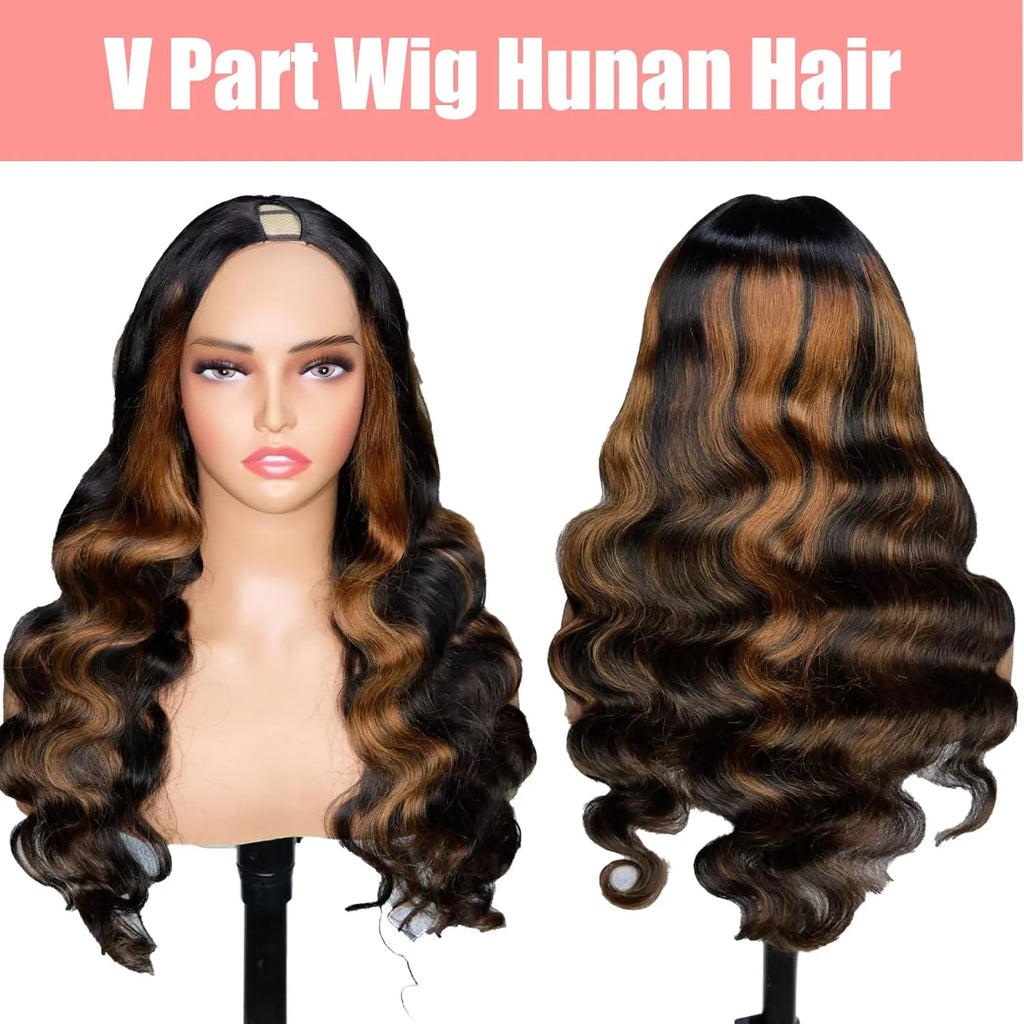 V Part Wig Human Hair Body Wave #1B/30 Color Highlight Loose Body Wave V Shape Clip in Half Wigs No Leave Out No Sew In 30 Inch