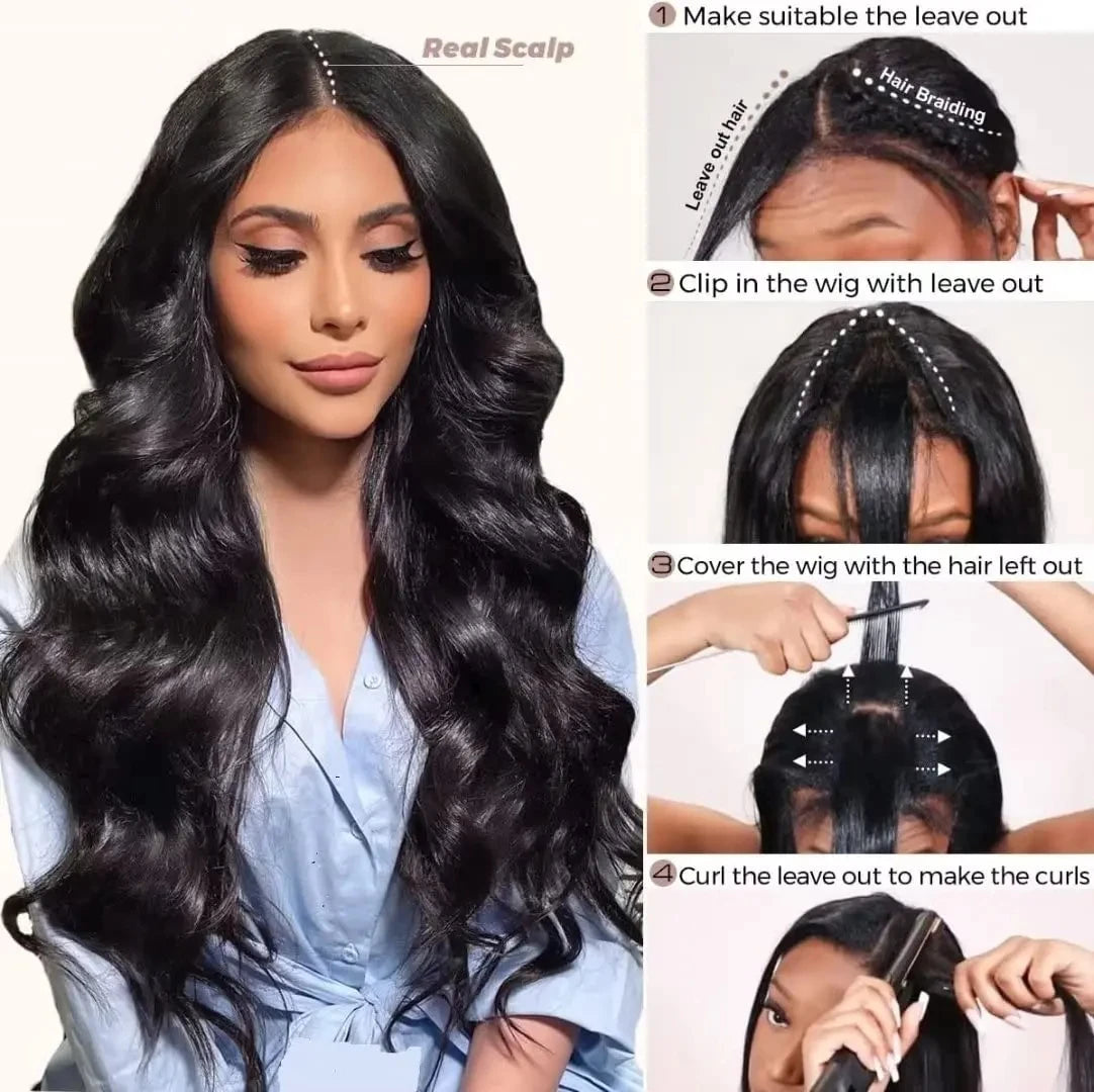 Body Wave V Part Wig 100% Raw Human Hair 34 Inch 250% Peruvian Body Wave Wavy U Part Wigs for Women Beginner Friendly Human Wigs
