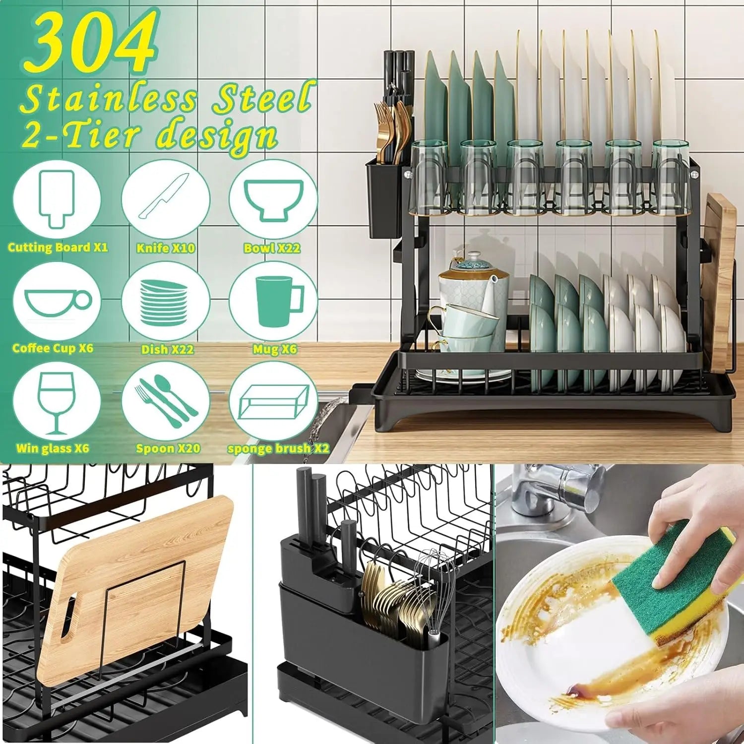 Kitchen countertop 2-tier dish drying rack, kitchen countertop dish drainer with drip tray, metal kitchen dish rack with drip tr