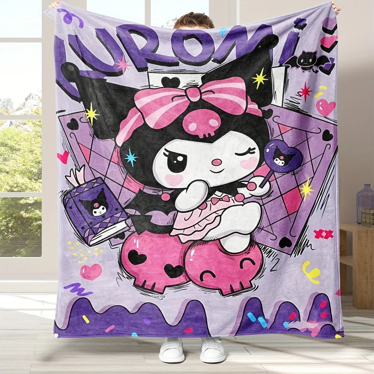 1 Purple Kuromi Flannel Blanket 2D Single Print Soft Fluffy Warm Couch Bed Living Room Bedroom Home Decor Gift Daily Use Blanket