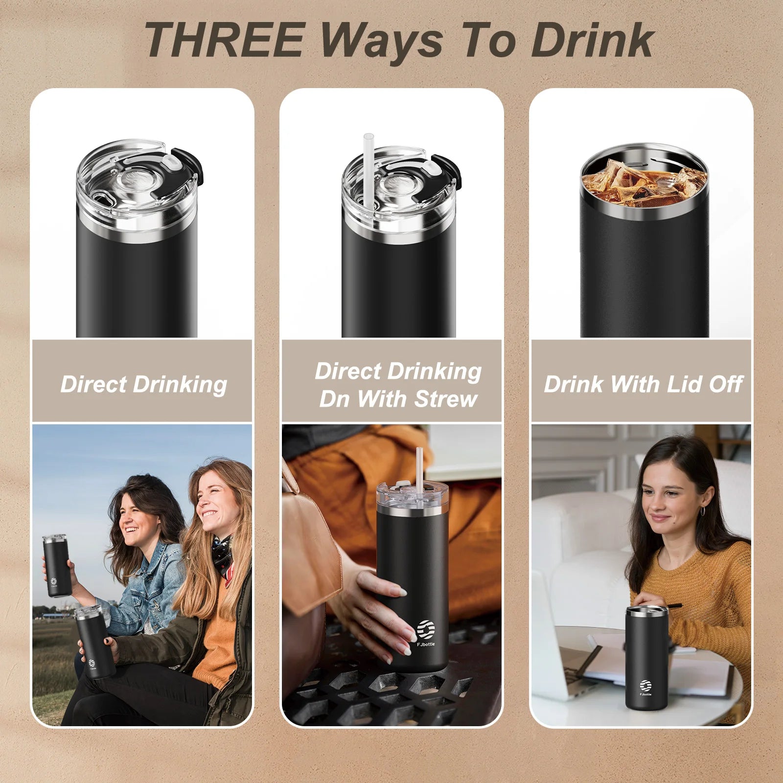 FEIJIAN-Stainless Steel Coffee Tumbler, Thermos Cup, Portable Travel Mug, Coffee Cup with Straw, 16 oz, 20oz