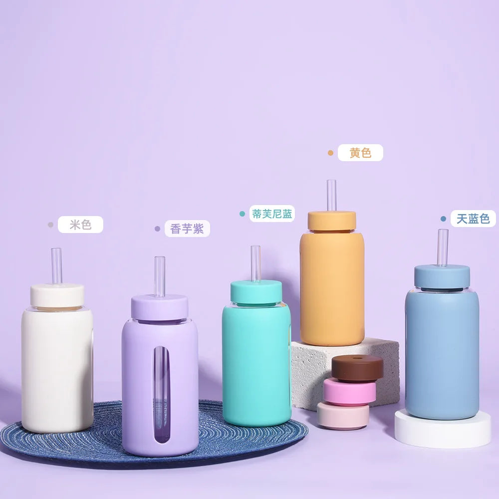 600ml Large Capacity Single-layer Glass Water Bottle with Silicone Sleeve,Time Scale And Straw,Drinkware,Portable Outdoor Cup