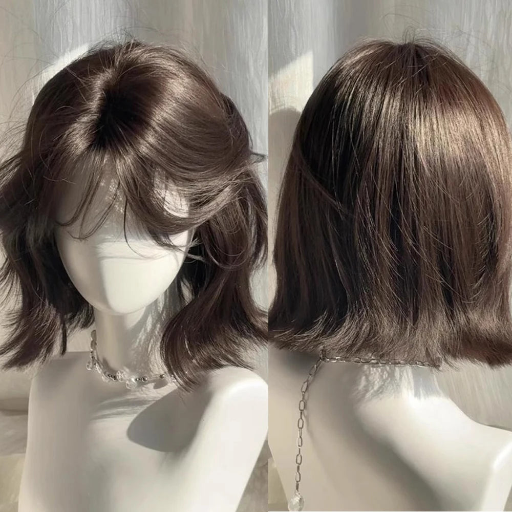 Short Wavy Black Brown Wig with Bangs Synthetic Cosplay Fluffy Heat Resistant Wig for Daily Party Lolita Cosplay