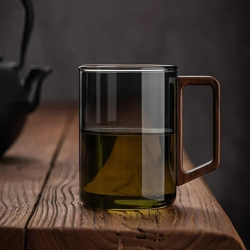 1pcs 400ml/500ml Walnut Wood Handle Glass Cup for Home and Office Use, Drinking Cup, High Temperature Resistant, Guest Water Cup