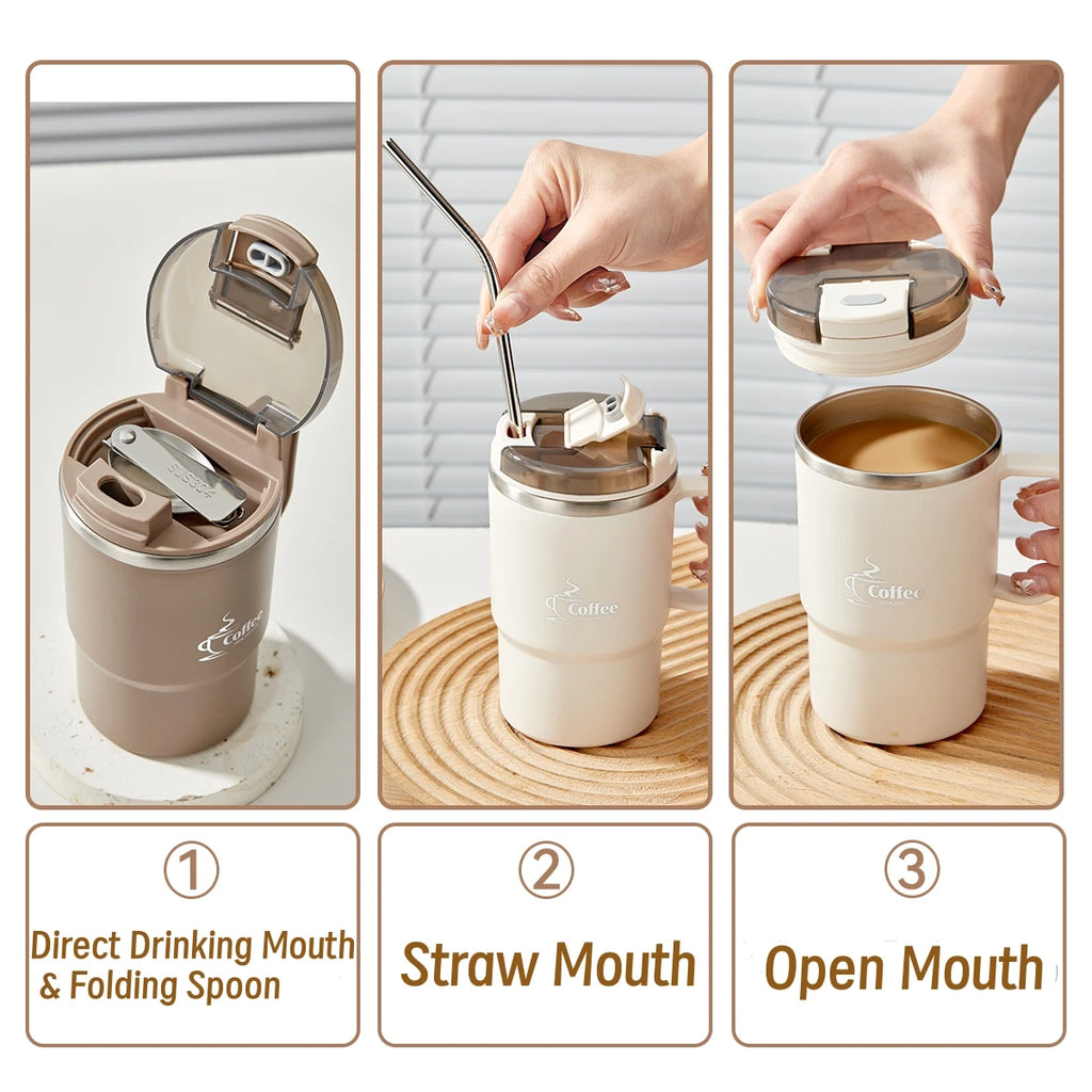 WORTHBUY 304 Stainless Steel Mug Double Layer Insulated Coffee Cup With Spoon & Strainer Sealed Thermal Cup For Student Adult